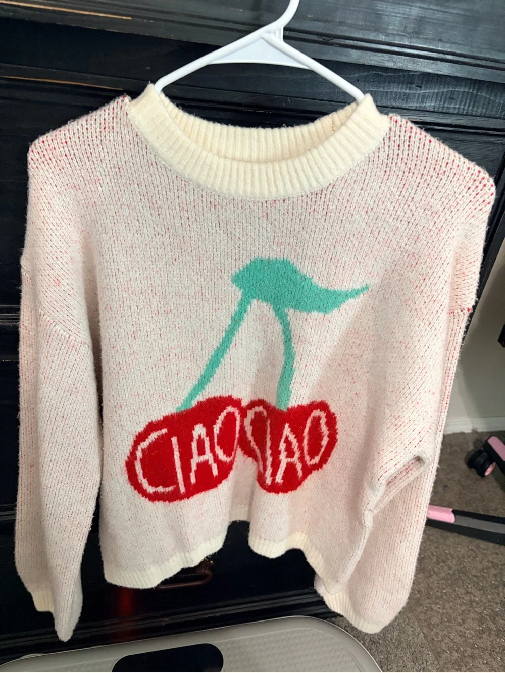a new day Cream Knit Sweater with Red Cherry Graphic and Mint Stem
